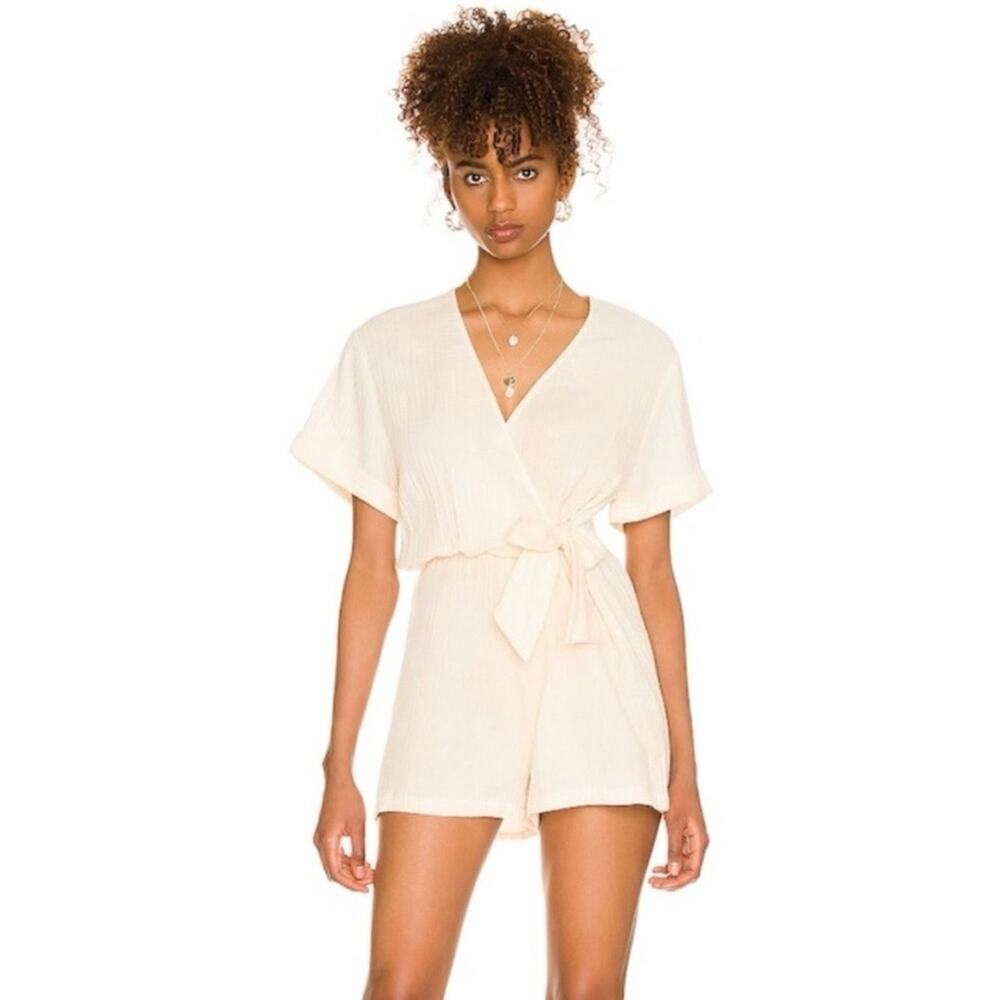 Monrow Cream Lightweight Faux Wrap Romper, 100% Organic Gauzy Cotton, Size S